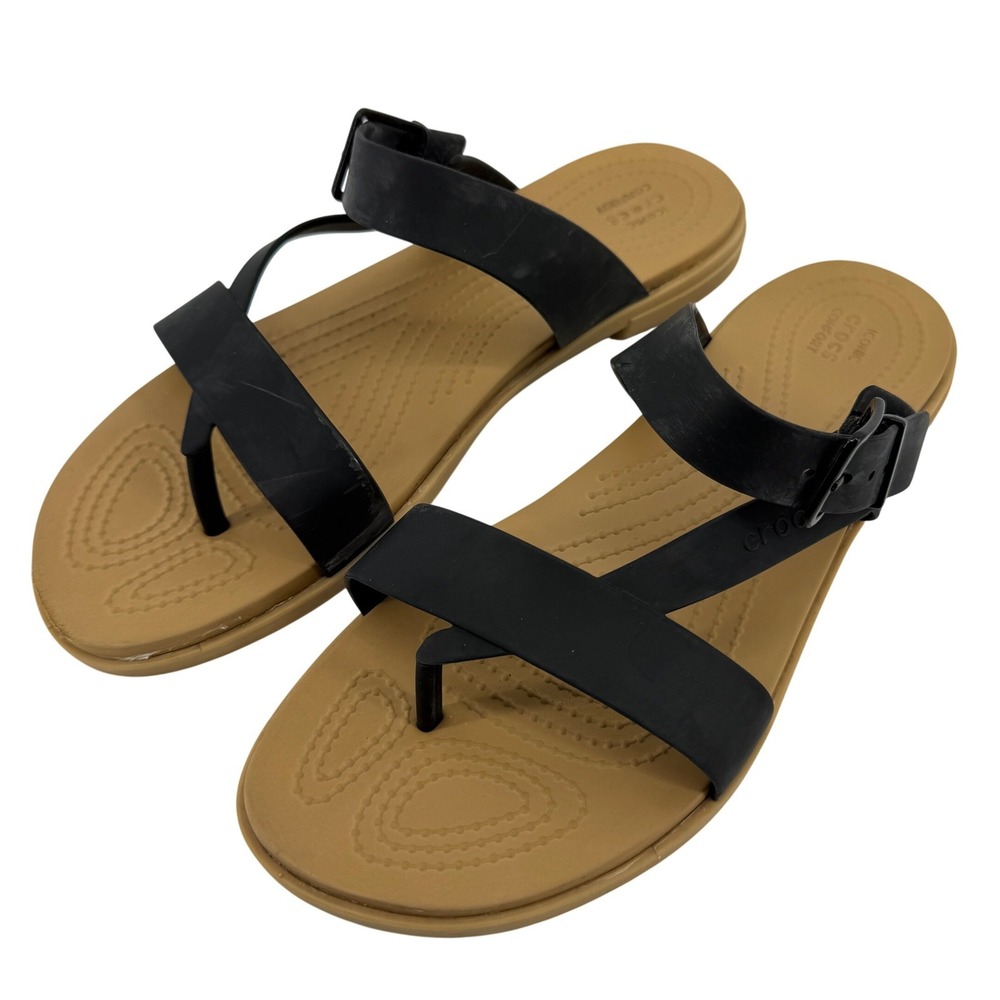 Crocs Tulum Toe Post Sandal Black Tan Women 10 Strappy Slip On Flip Flop Buckle